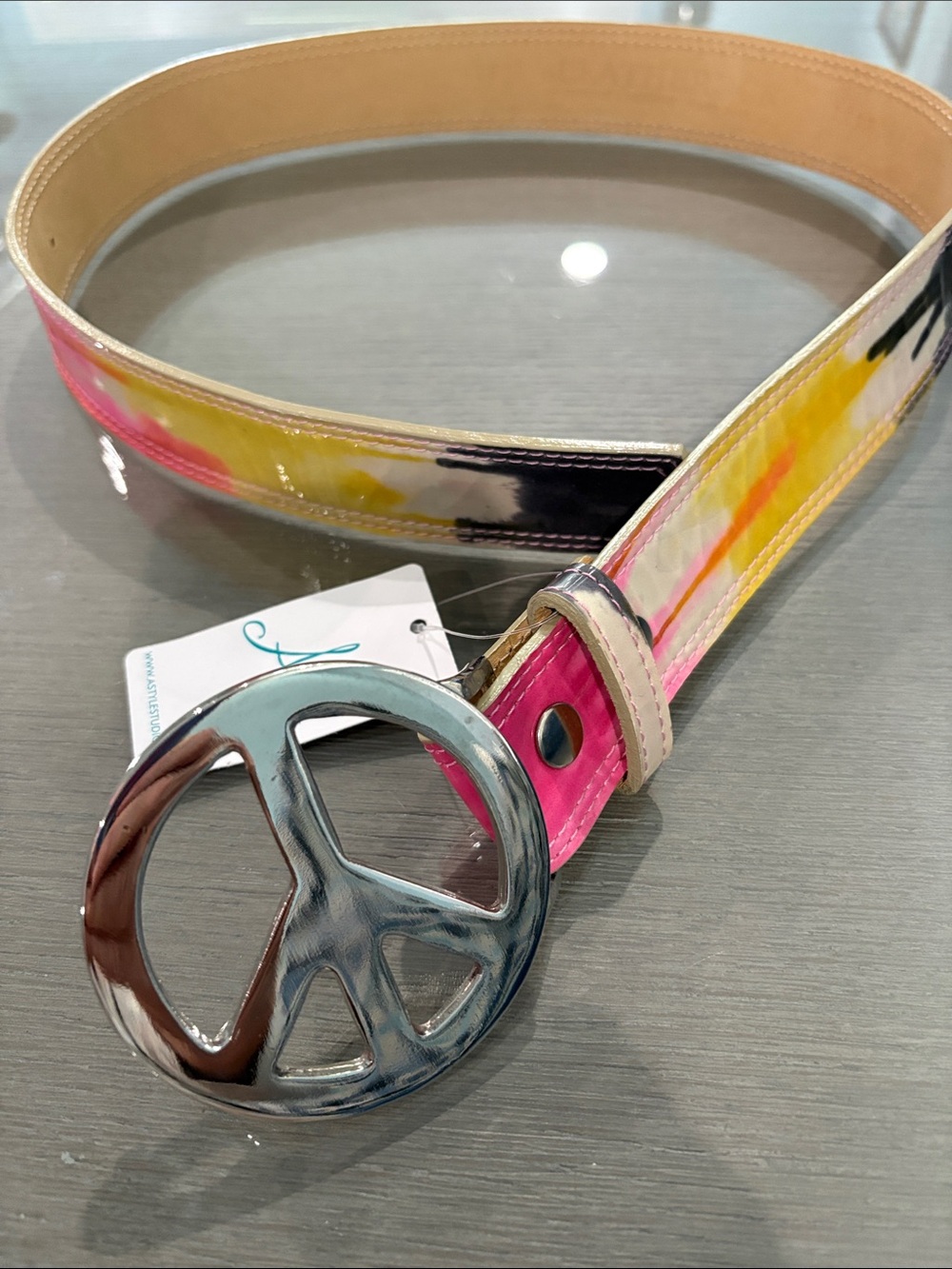 Sweetees Multicolor Patent Leather Belt with Silver Peace Sign Buckle